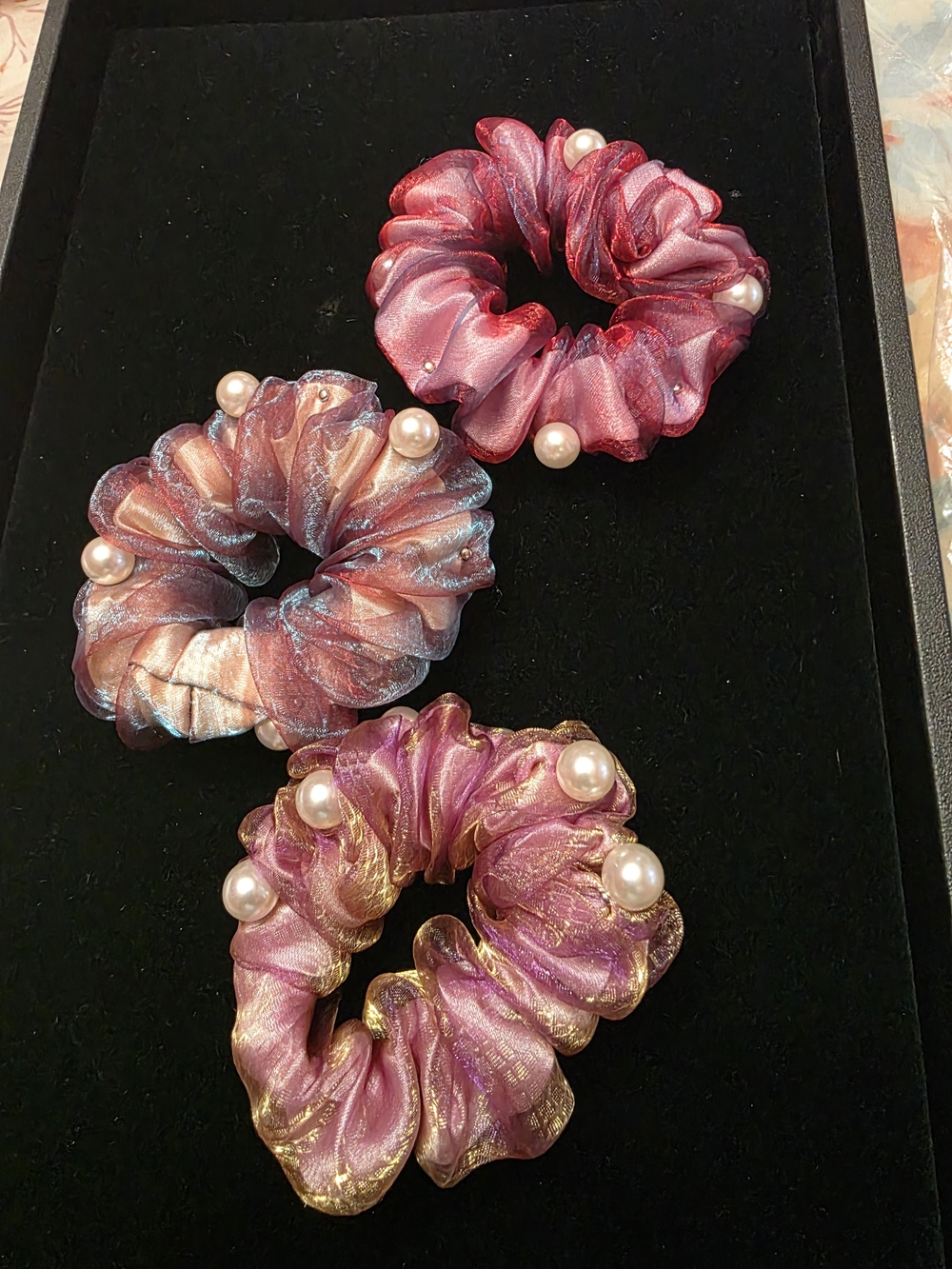Pearl-Embellished Pink Organza Scrunchie Trio